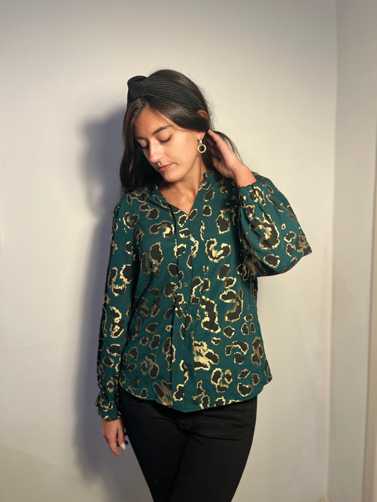 Emerald green blouse with golden leopard details