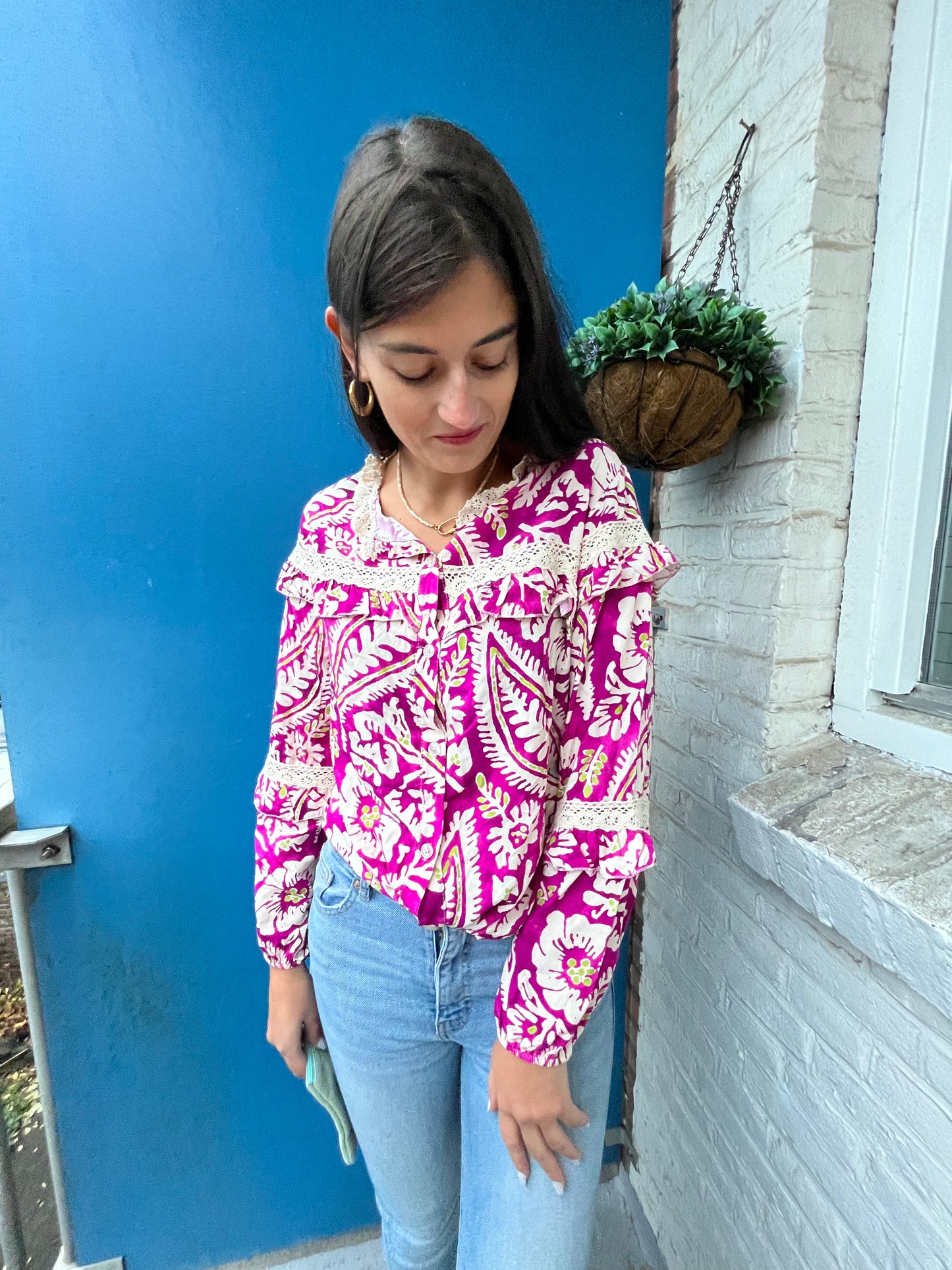 Pink floral viscose blouse